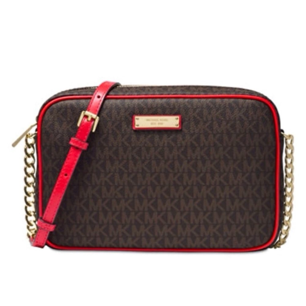 Stylish Brown and Red MK Jet Set Crossbody Bag
